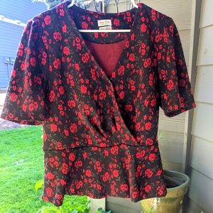 Anthropologie meadow rue floral peplum wrap top red/black XL